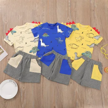 2021 Повседневная одежда для малышей от 0 до 4 лет для маленьких мальчиков, футболка с рисунком динозавра с коротким рукавом, Топ + Свободные шорты с карманами, летний комплект из 2 предметов