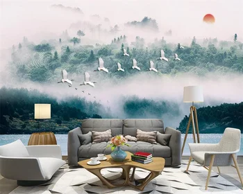Пользовательские обои 3d современный туманный лес облако летящая птица скандинавский коммерческий фон обои домашний декор гостиной Шелковые обои