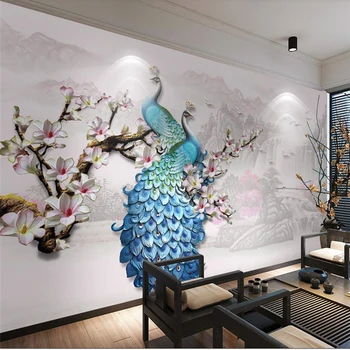 wellyu Новый китайский стиль water wealth стерео с тиснением синий Павлин, цветок Магнолии, стена на заказ, большая фреска, зеленые обои