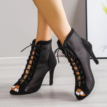 Новая мода черный сетчатая ткань сексуальный крест ремень сандалии на высоком каблуке женские туфли-лодочки на шнуровке с открытым носком сандалии, повседневные сетчатые туфли