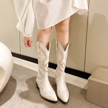 Женские ботинки 2023, осенне-зимние белые сапоги до колена в стиле ретро, женские удобные ковбойские сапоги в западном стиле, женская обувь