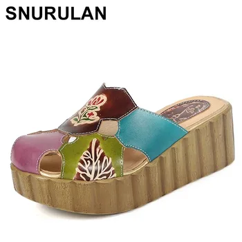 Шлепанцы на платформе SNURULAN, женская обувь из натуральной кожи с носками, женские тапочки на танкетке с цветочным вырезом, лето 2021 г.