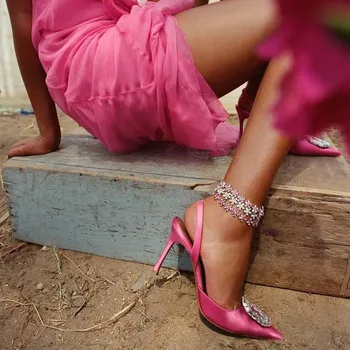 Сексуальные Женские туфли-лодочки на высоком каблуке, свадебные туфли со стразами и пряжкой, босоножки с острым носком, летние босоножки со стразами на тонком каблуке