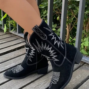 Новая вышивка Ботас обувь из искусственной кожи ковбойские ботильоны для женщин на танкетке на высоком каблуке сапоги со змеиным принтом Западная пастушка сапоги