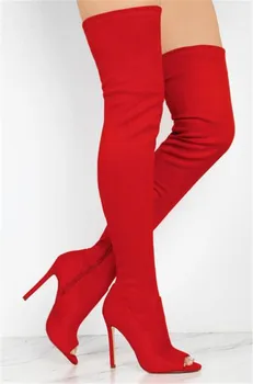 Женские модные красные, черные, замшевые, кожаные, выше колена, Гладиаторские сапоги, Бандаж, тонкие сапоги на высоком каблуке, модельные сапоги