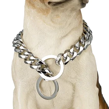 Ошейник-цепочка для собак из нержавеющей стали, серебряное Кубинское звено, 15 мм, сверхмощный ошейник для обучения выгулу домашних животных, металлические звенья для большой собаки
