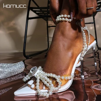 Новый горный хрусталь бабочка узел сандалии женщина свадебные туфли на высоком каблуке сандалии женщин Кристалл Перл Diamond высокие каблуки партия обуви