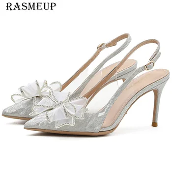 RASMEUP/ женские модные, сексуальные босоножки на шпильке с острым носком, золотые туфли на высоком каблуке для новобрачных, свадебные туфли с серебряным блестящим бантом из страз, пустой каблук