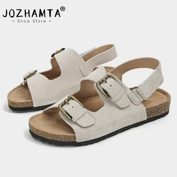 JOZHAMTA, Размер 35-40, женские тапочки, Повседневная летняя обувь из мягкой кожи на низком каблуке, женские босоножки на плоской подошве, босоножки на платформе с пряжкой, Слайды