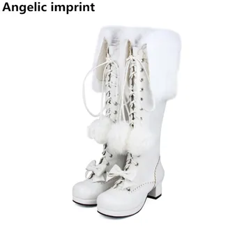 Ангельский отпечаток mori girl/ Женские мотоциклетные ботинки; женская обувь в стиле лолиты; женские туфли-лодочки принцессы на среднем каблуке с бантиком из кроличьего меха белого цвета