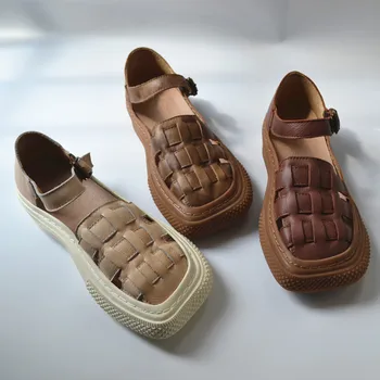 Женские сандалии на плоской подошве из натуральной кожи с квадратным носком, здоровая дышащая Женская обувь ручной работы в стиле ретро, коричневая, тканая, бежевая