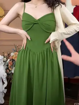 2023 Летние женские Сексуальные вечерние плиссированные платья без рукавов с V-образным вырезом и открытой спиной, зеленые миди-платья-слипы, женские облегающие платья с высокой талией, Тренд