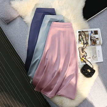 Атласные юбки Миди, женские летние юбки с эластичной резинкой трапециевидной формы 2022, Роскошная Высококачественная Корейская модная Однотонная Простая шелковая юбка
