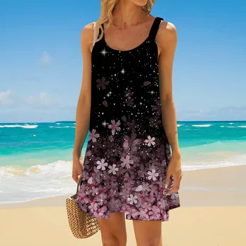 Женское платье с цветочным принтом Миди в стиле Бохо, сексуальное пляжное платье с ремешком в виде подсолнуха, Богемные сексуальные вечерние платья без рукавов, сарафан с подолом, летнее