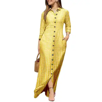 Платье-рубашка с лацканами и длинным рукавом, женское платье Макси длиной до пола с карманами, осеннее однобортное платье в клетку с принтом