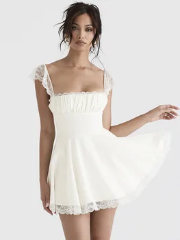 Квадратный воротник, кружевной ремешок, Белые мини-платья трапециевидной формы с открытой спиной, без рукавов, Сексуальное Короткое платье, Женское Элегантное праздничное платье для выпускного вечера