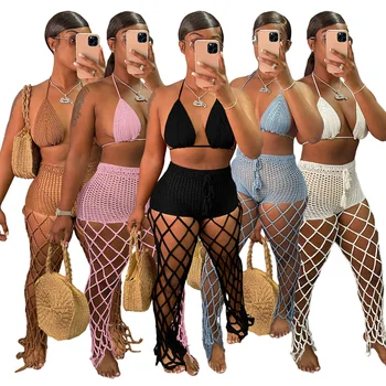 Летний пляжный трикотажный комплект из двух предметов, женский Сексуальный бюстгальтер на шнуровке, Открытые брюки с кисточками, праздничные костюмы
