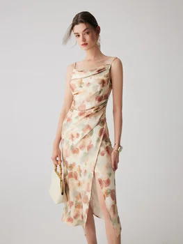 Платье с ремешком в стиле кантри, французское пасторальное платье с принтом Halo, женское весенне-летнее платье с воротником-стойкой, юбка с разрезом на талии