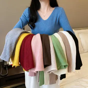 свитер с V-образным вырезом на выбор из 12 цветов, женский осенний облегающий трикотажный топ с длинными рукавами