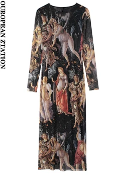 PAILETE Women 2023, модное тюлевое платье миди с принтом Ботичелли, винтажные женские платья с длинным рукавом и подкладкой, vestidos mujer