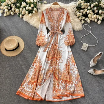 Элегантное платье с принтом в стиле ретро, женское летнее приталенное платье с V-образным вырезом и пуговицами, длинные платья для женщин, праздничное свадебное платье