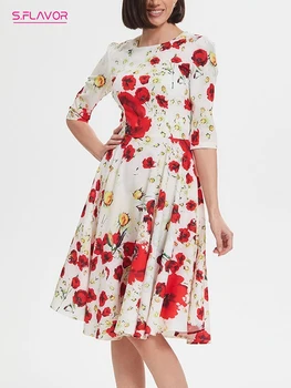 S.FLAVOR/ Элегантные женские платья с цветочным принтом, круглым вырезом, рукавом 3/4, трапециевидное платье Миди-силуэта.
