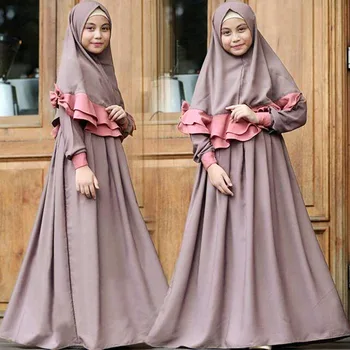 Мода Мусульманские Дети Девушки Молитвенное Платье Хиджаб Абая Халат Арабский Дубай Рамадан Кафтан Головной Платок Исламское Платье Джилбаб Мусульманские Комплекты