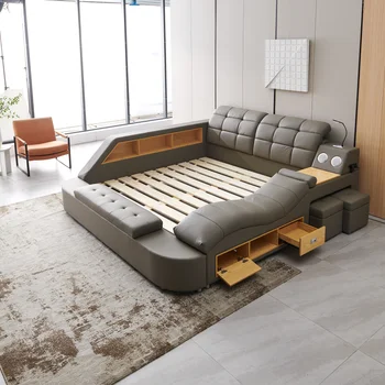 Каркас многофункциональной кровати с мягкой обивкой, массажный шезлонг слева, King Size, серый