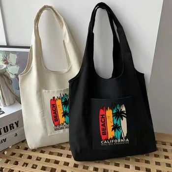 Женская холщовая сумка через плечо, дизайнерская женская повседневная сумка, однотонный жилет, сумки-тоут, многоразовая пляжная сумка для покупок большой емкости
