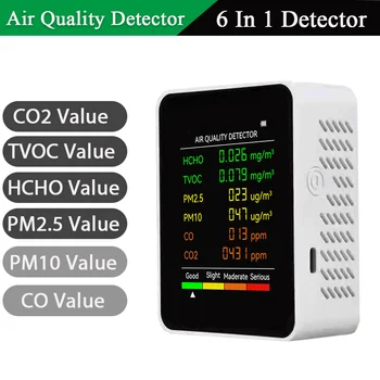 6 В 1 Измеритель CO2 Датчик PM2.5 PM10 HCHO TVOC CO CO2 Монитор Качества Воздуха Портативный Детектор CO2 Детектор Двуокиси углерода TVOC HCHO