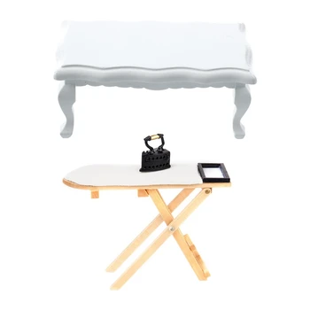Миниатюрная мебель для кукольного домика 1/12, деревянный кофейный столик с волнистыми краями - белый и миниатюрный утюг с гладильной доской
