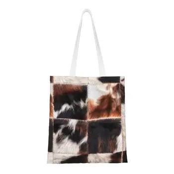 Сумка-тоут из воловьего меха с принтом Kawaii в клетку, сумка для покупок из переработанного холста, сумка для покупок с текстурой кожи животных