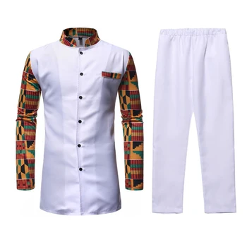 комплект одежды из 2 предметов, мужская рубашка со стоячим воротником и длинным рукавом с брюками, комплект одежды Дашики в африканском стиле, уличная одежда в стиле хип-хоп
