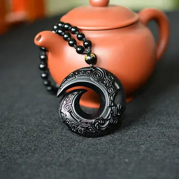 Священное ожерелье из черного обсидиана с подвеской в виде палиндрома ручной работы