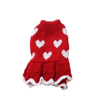 Маленькое платье-свитер для собак, зимнее теплое платье принцессы для собак для девочек, платье для щенков с красным сердечком, пуловер для собак, трикотаж