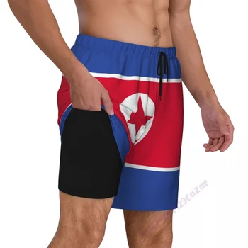 Мужские плавки с рисунком флага Северной Кореи 3D с компрессионной подкладкой 2 в 1, быстросохнущие летние шорты для плавания с карманами