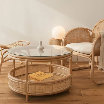 Круглые журнальные столики из ротанга, современный стеклянный столик в стиле ретро, Простой столик для маленькой квартиры, диван, Библиотечная мебель HY