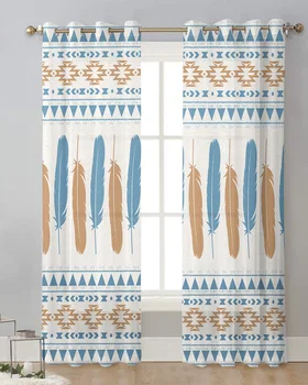 Геометрическая ретро Средневековая занавеска из перьев Тюлевые занавески для гостиной Обработка кухонных окон Вуалевые занавески