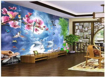 изготовленная на заказ фотография 3d настенная ткань китайская шелковая фреска Романтический лебедь ТВ фон стена в ночной комнате 3D стереоскопическая печать stof