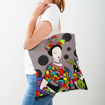 Повседневная сумка для покупок с геометрическим рисунком девушки из мультфильма для женщин, двухсторонние сумки для покупок, Многоразовая холщовая женская сумка-тоут