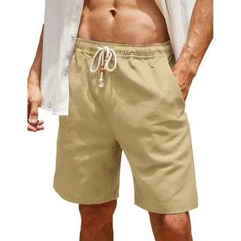 2023 Летние Новые мужские шорты из хлопка и льна С карманами, повседневные модные пляжные шорты, Однотонные Универсальные шорты для отдыха