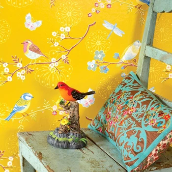 Обои в американском стиле с цветочным рисунком, домашний декор, рулон желтых обоев с птицами и цветами для стен гостиной и спальни