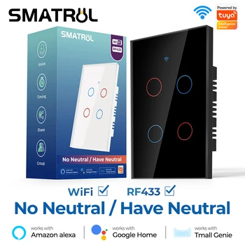 SMATRUL Tuya Wifi Smart Touch Switch Light Бразилия Без Нейтрального Провода 110V 220V 1/2/3/4 Gang RF Пульт Дистанционного Включения-Выключения для Alexa Google Home