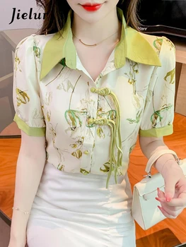 Женская рубашка Jielur с винтажным воротником-поло, шикарные кисточки, пуговицы, летняя новинка, модные женские рубашки с принтом в китайском стиле, с пышными рукавами