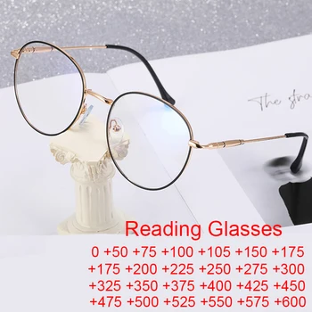 Высококачественные круглые очки для чтения, женские металлические оптические оправы, компьютерные очки, блокирующие синий свет, модные женские очки + 1.