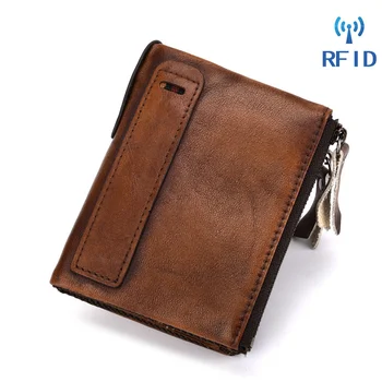 Мужской мини-кошелек из натуральной кожи с защитой от RFID, сумка для денег, карман для монет, держатель кредитной карты, короткий кошелек-клатч на двойной молнии из воловьей кожи