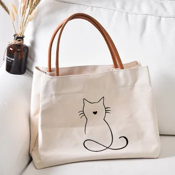 Холщовая сумка-тоут с милым животным в виде кошки, подарок для любителей кошек, женская модная пляжная сумка